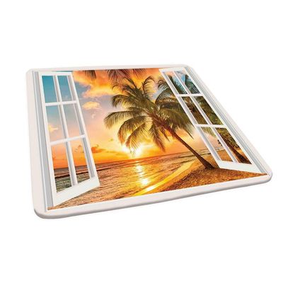 Beach Square Table Cove, Sea Ocean Palm Tree Sunset Scenery House Wooden Windows of Art Pictures, Elastic Edge, Suitable for Table Decoration, Buffet and Camping, 44"x44" Multicolor