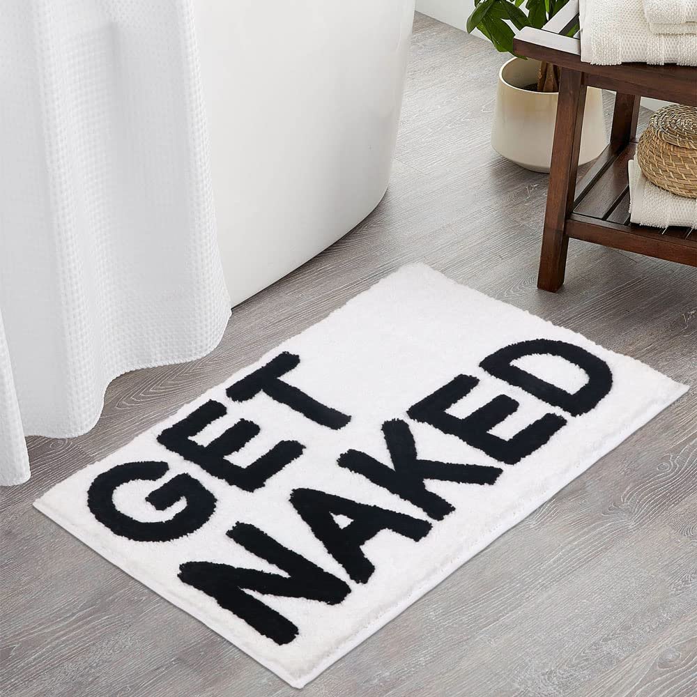 BOVEU Get Naked Bath Mat, Non Slip Absorbent Bath Rugs Funny Bathroom Dcor, White Bathroom Rugs for Tub and Shower, Machine Washable, 32" x 20", White