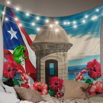 AmbeHome Puerto Rico Coastal Flag Tapestry Wall Hanging for Bedroom, Living Room, Dorm - Hibiscus Flower Backdrop Decor (59x79 inches)