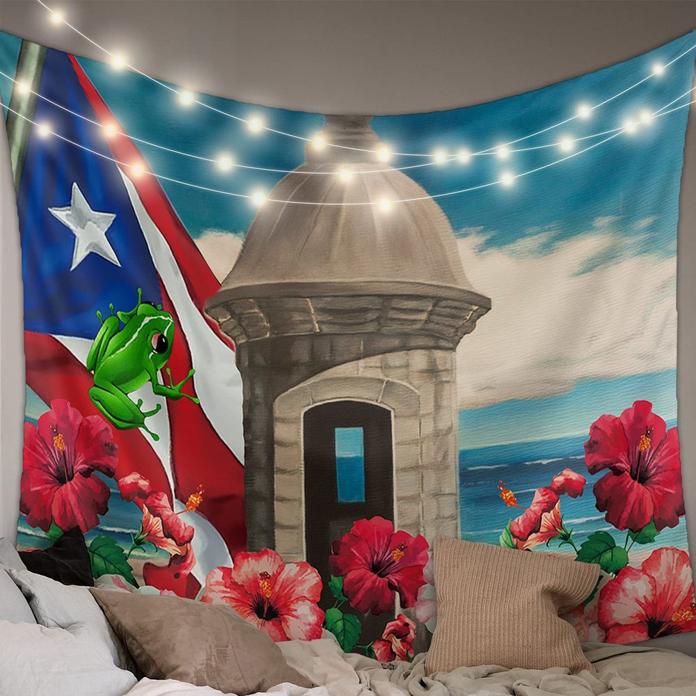 AmbeHome Puerto Rico Coastal Flag Tapestry Wall Hanging for Bedroom, Living Room, Dorm - Hibiscus Flower Backdrop Decor (59x79 inches)
