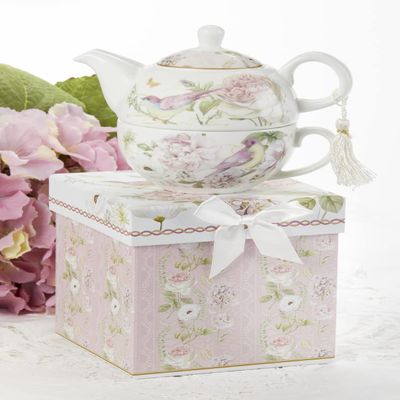 5.8" Porcelain Tea For One, Rose Bird