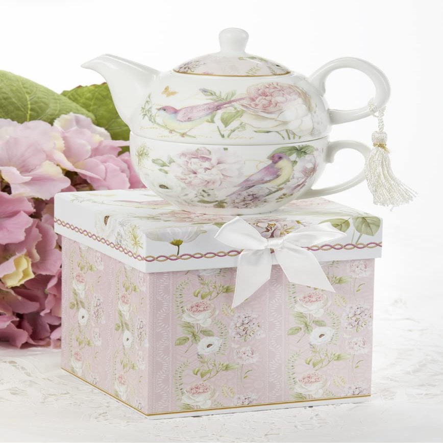 5.8" Porcelain Tea For One, Rose Bird
