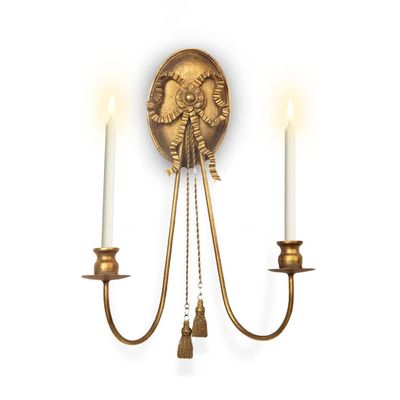 BOOMLATU Romantic Bow Wall Mounted Candle Sconces with Pendant Decoration,2 Arms Metal Candle Holders for Living Room Fireplace Yard Pathway,Gold
