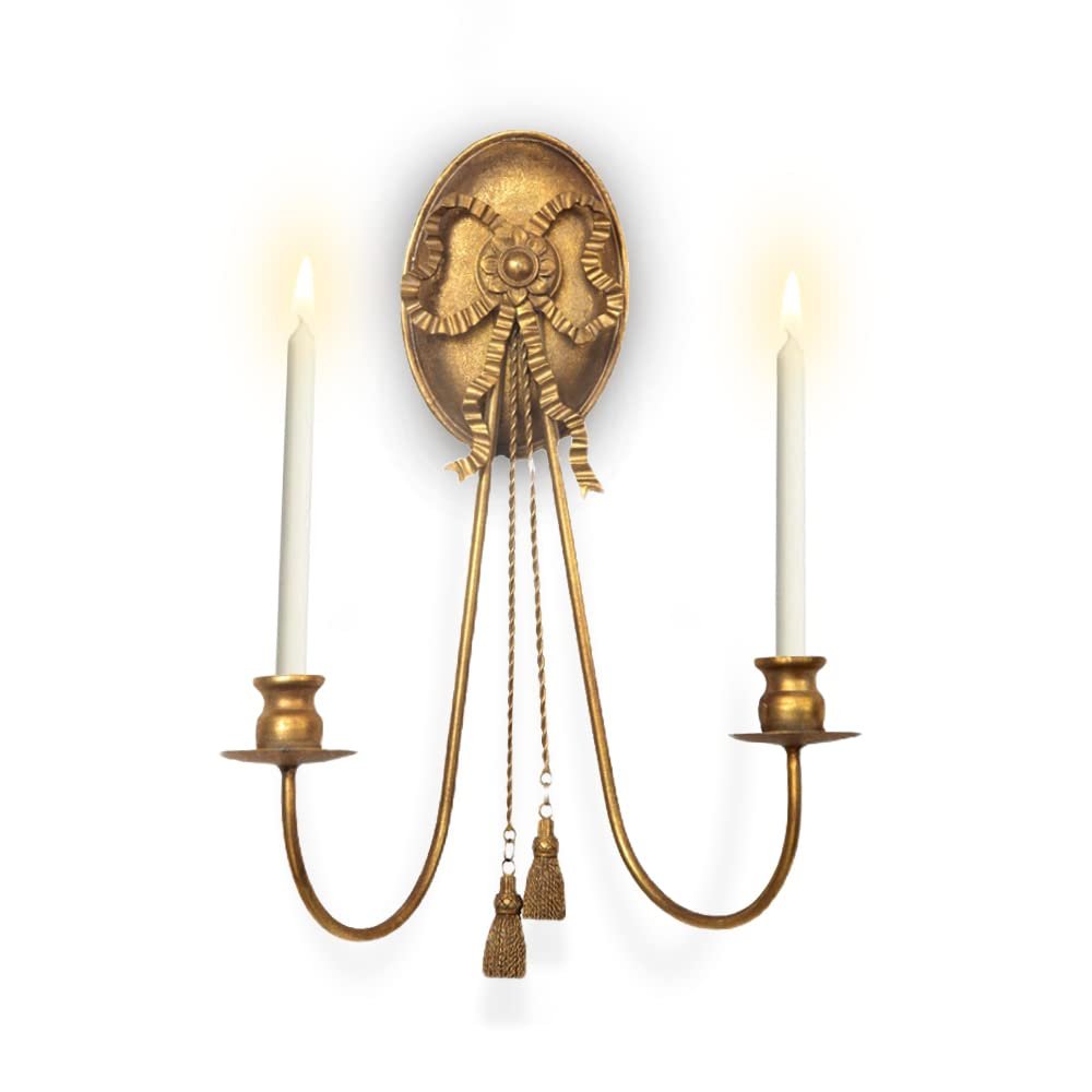 BOOMLATU Romantic Bow Wall Mounted Candle Sconces with Pendant Decoration,2 Arms Metal Candle Holders for Living Room Fireplace Yard Pathway,Gold