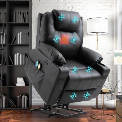 W WARMHOL Electric Power Lift Recliner Chair with Heat and Massage Lift Recliner for Elderly, Single Sofa recliners for Living Room with Cup Holders, 4 Pockets, USB Ports, Faux Leather (Black)