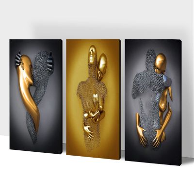 3D Metal Effect Wall Art, Love Heart Gray 3D Art Wall, Gold Silver 3D Art Wall Decor for Modern Living Room, Valentine's Day Romantic Hug Kiss Canvas Wall Art for Couples Bedroom 12"x18"x3Pcs
