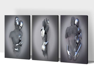 3D Metal Effect Wall Art, Love Heart Gray 3D Art Wall, Silver 3D Art Wall Decor for Modern Living Room, Valentine's Day Romantic Hugging Canvas Wall Art for Couples Master Bedroom 24"x36"x3Pcs