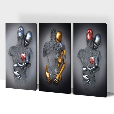 3D Metal Effect Wall Art, Love Heart Gray 3D Art Wall, Silver 3D Art Wall Decor for Modern Living Room, Valentine's Day Romantic Hugging Canvas Wall Art for Couples Master Bedroom 24"x36"x3Pcs