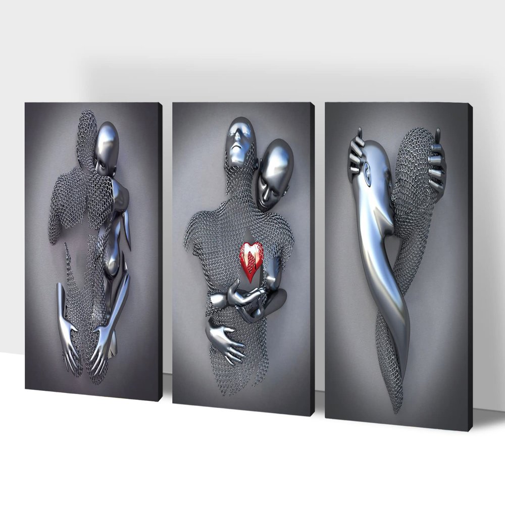 3D Metal Effect Wall Art, Love Heart Gray 3D Art Wall, Silver 3D Art Wall Decor for Modern Living Room, Valentine's Day Romantic Canvas Wall Art for Couples Master Bedroom 16"x24"x3Pcs