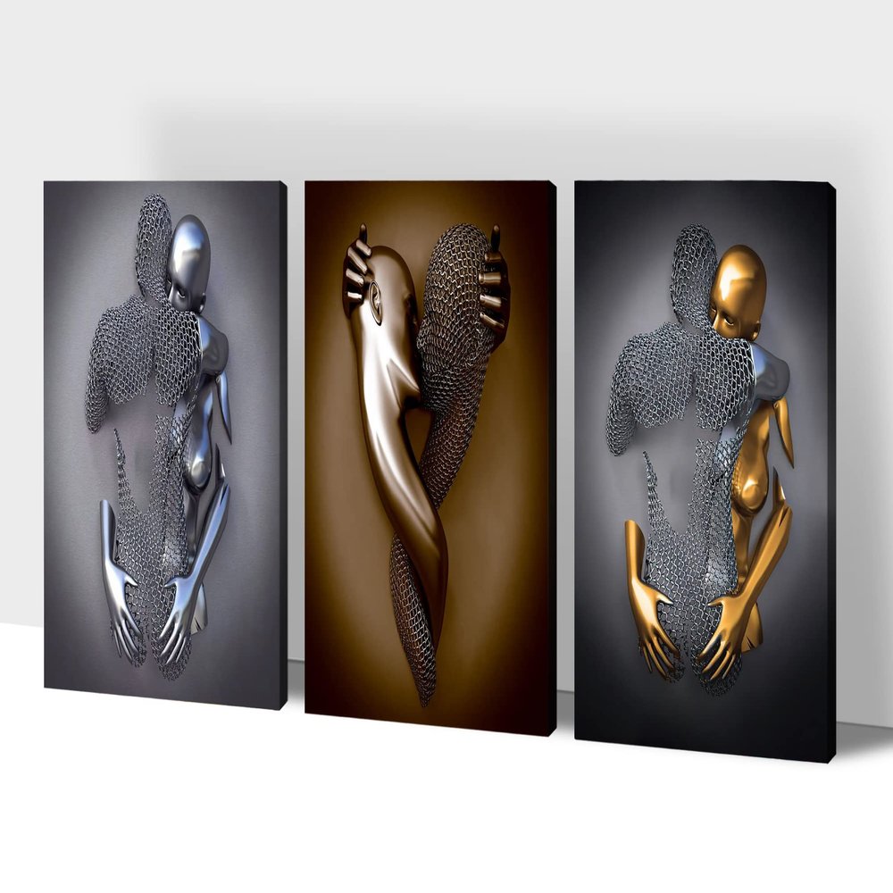 3D Metal Effect Wall Art, Love Heart Gray 3D Art Wall, Gold Silver 3D Art Wall Decor for Modern Living Room, Valentine's Day Romantic Hug Kiss Canvas Wall Art for Couples Bedroom 16"x24"x3Pcs