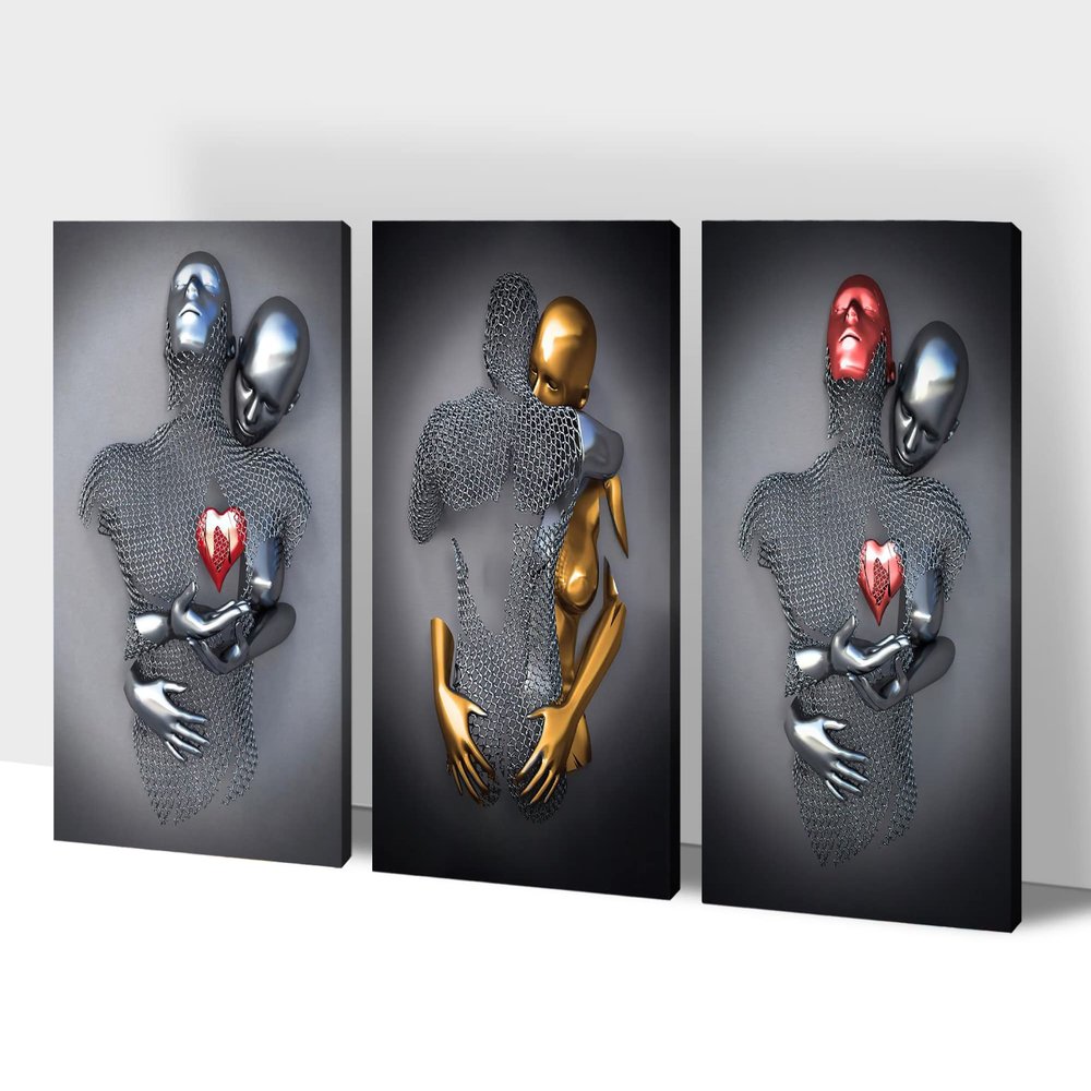 3D Metal Effect Wall Art, Love Heart Gray 3D Art Wall, Silver 3D Art Wall Decor for Modern Living Room, Valentine's Day Romantic Hugging Canvas Wall Art for Couples Master Bedroom 16"x24"x3Pcs