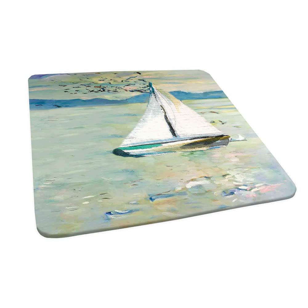Art Square Table Cove, Sailing Boat Yacht Birds Watercolor Brushstroke Composition, Elastic Edge, Suitable for Catering and Kitchen, 44"x44" Blue Teal White