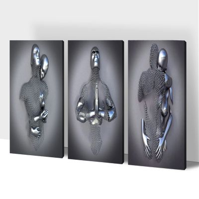3D Metal Effect Wall Art, Love Heart Gray 3D Art Wall, Silver 3D Art Wall Decor for Modern Living Room, Valentine's Day Romantic Hugging Canvas Wall Art for Couples Master Bedroom 12"x18"x3Pcs