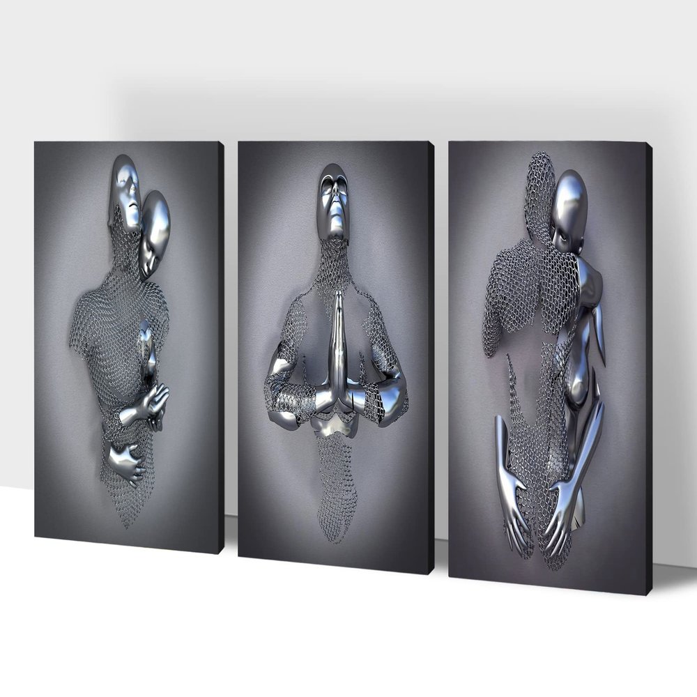 3D Metal Effect Wall Art, Love Heart Gray 3D Art Wall, Silver 3D Art Wall Decor for Modern Living Room, Valentine's Day Romantic Hugging Canvas Wall Art for Couples Master Bedroom 12"x18"x3Pcs