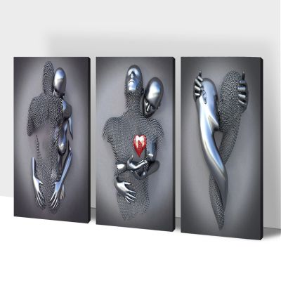 3D Metal Effect Wall Art, Love Heart Gray 3D Art Wall, Silver 3D Art Wall Decor for Modern Living Room, Valentine's Day Romantic Canvas Wall Art for Couples Master Bedroom 12"x18"x3Pcs