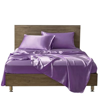 AMAY Pure Silk Satin Sheet Set 4 Pcs 500 Thread Count RV Short Queen Size, Fits Mattress Upto 10-12'' Deep Pocket, Lilac Solid