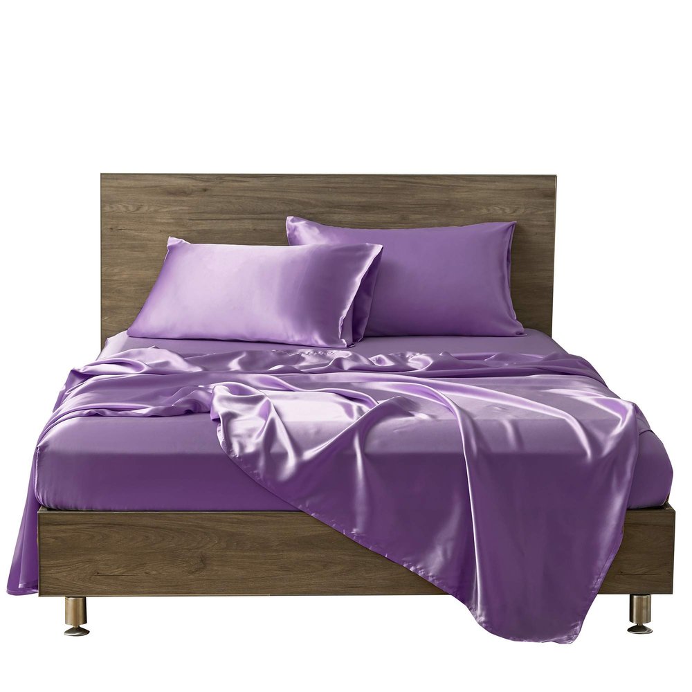 AMAY Pure Silk Satin Sheet Set 4 Pcs 500 Thread Count RV Short Queen Size, Fits Mattress Upto 10-12'' Deep Pocket, Lilac Solid
