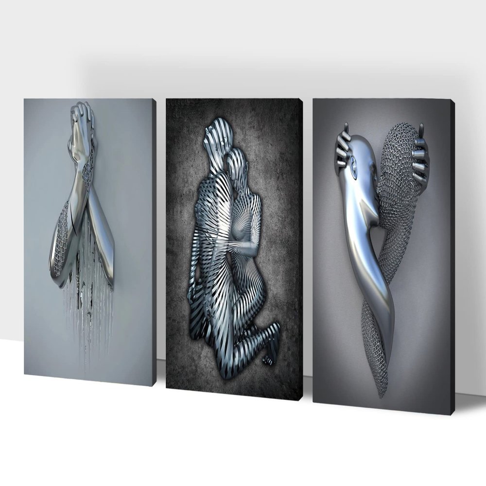 3D Metal Effect Wall Art, Love Heart Gray 3D Art Wall, Gold Silver 3D Art Wall Decor for Modern Living Room, Valentine's Day Romantic Hug Kiss Canvas Wall Art for Couples Bedroom 12"x18"x3Pcs