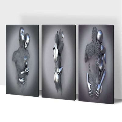 3D Metal Effect Wall Art, Love Heart Gray 3D Art Wall, Silver 3D Art Wall Decor for Modern Living Room, Valentine's Day Romantic Hugging Canvas Wall Art for Couples Master Bedroom 12"x18"x3Pcs