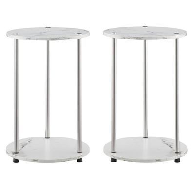 Home Square Two-Tier Round End Table in White Faux Marble - Set of 2