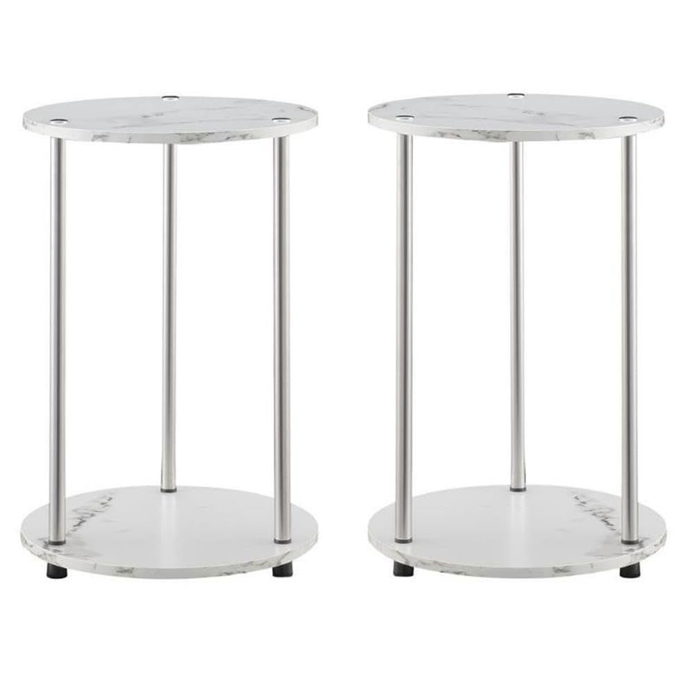 Home Square Two-Tier Round End Table in White Faux Marble - Set of 2