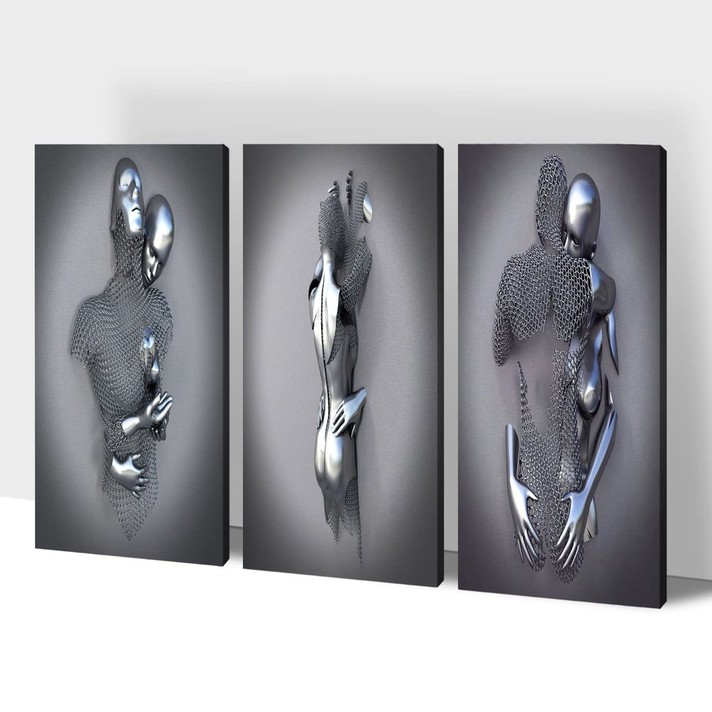 3D Metal Effect Wall Art, Love Heart Gray 3D Art Wall, Silver 3D Art Wall Decor for Modern Living Room, Valentine's Day Romantic Hugging Canvas Wall Art for Couples Master Bedroom 16"x24"x3Pcs
