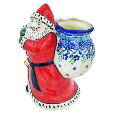 Polmedia Polish Pottery Santa Shaped Jar - Bluems Pattern Handmade in Boleslawiec Poland + Certificate of Authenticity