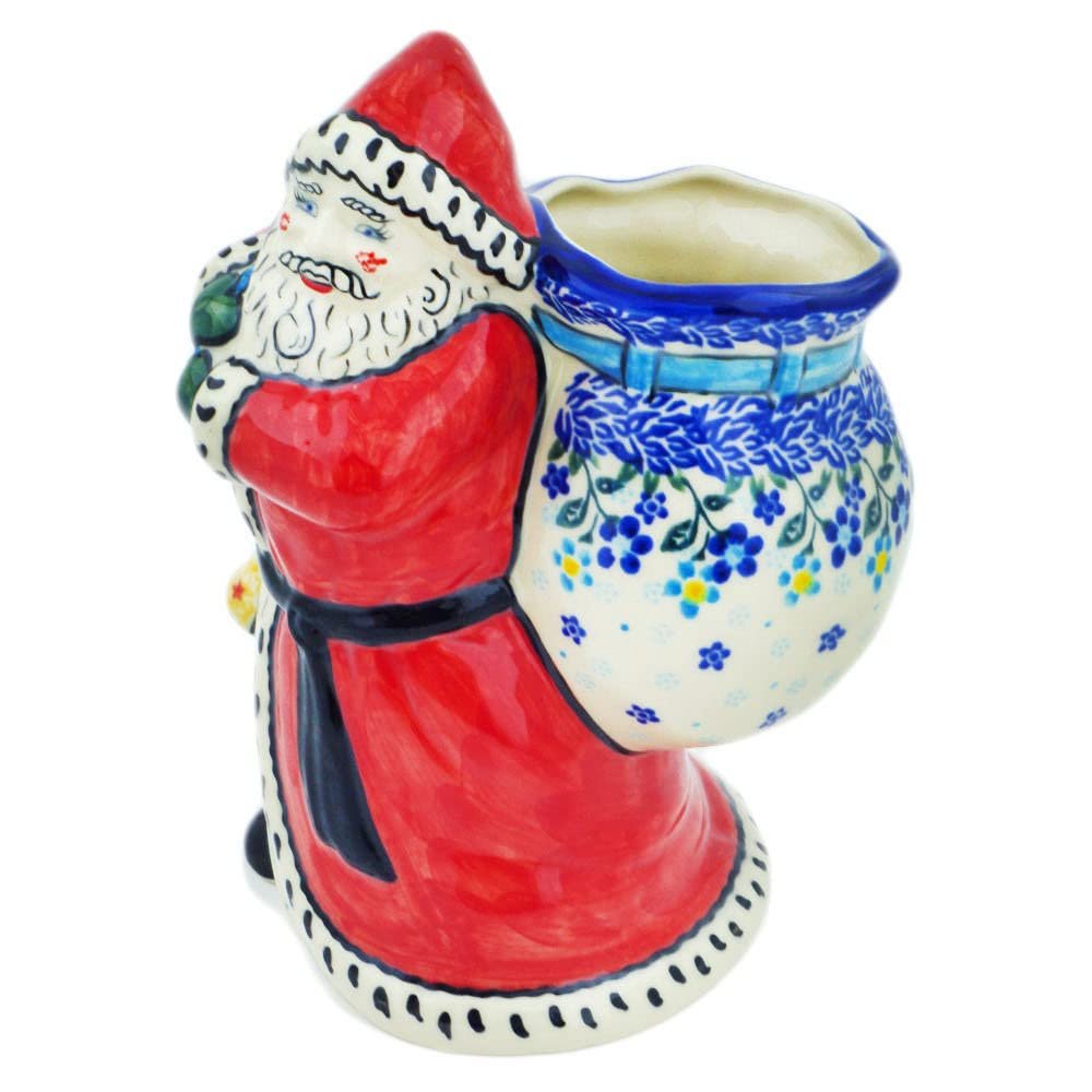Polmedia Polish Pottery Santa Shaped Jar - Bluems Pattern Handmade in Boleslawiec Poland + Certificate of Authenticity