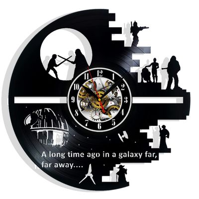Star Decor Wars Vinyl Wall Clock with Epic Space Movie Characters Vintage Space Movie Heroes Themed Art Home Room Decorations Gift for Birthday Holiday Christmas 12 LP Clock Black