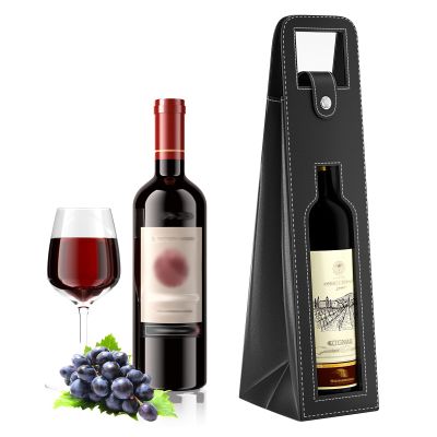 RYDDOY Black Wine Gift Bag, Leather Wine Tote, Single Bottle Wine Carrier