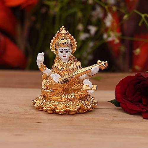 Frienemy Presents Ceramic Saraswati Idol, 2.5 X 2.5 X 2 Inches, Golden & White #Frienemy-0065