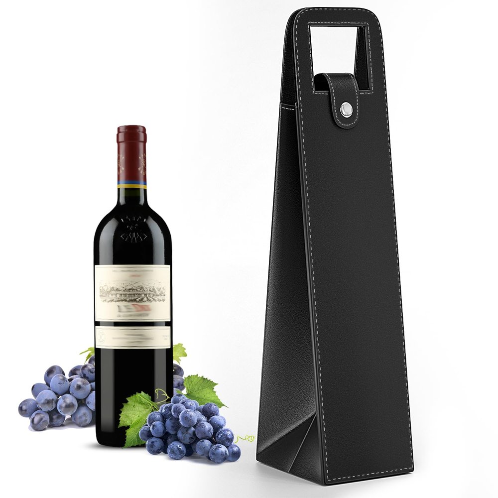 RYDDOY Black Wine Gift Bag, Leather Wine Tote, Single Bottle Wine Carrier