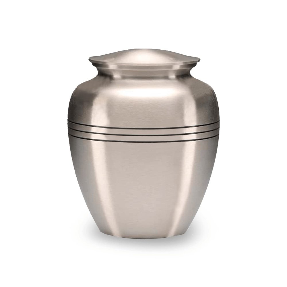 Adult Cremation Urn for Human Ashes - Brushed Pewter Brass Cremation Urn with Three Ring Design - Adult Size, 200 cu. in.