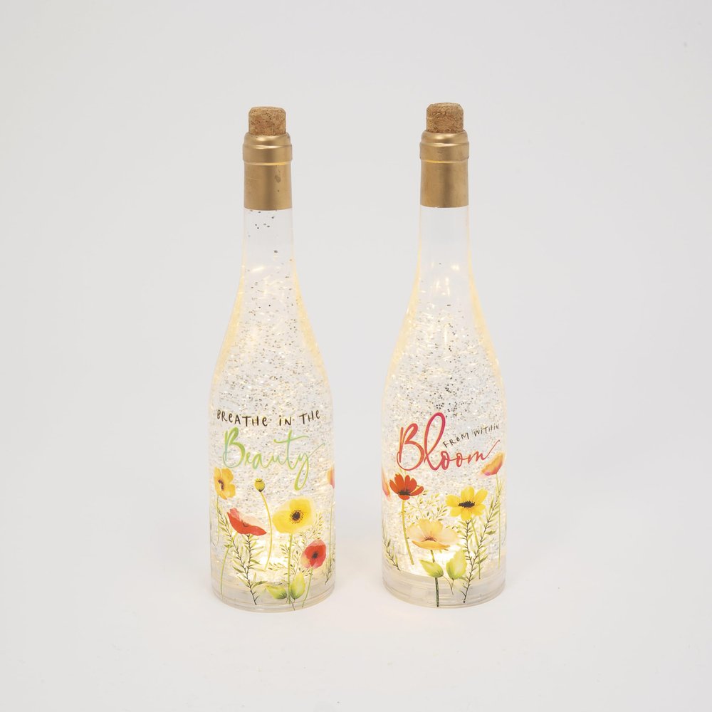 12.5 Inch Lighted Spinning Water Globe Bottles with Poppy Flower Design and Timer Set of 2