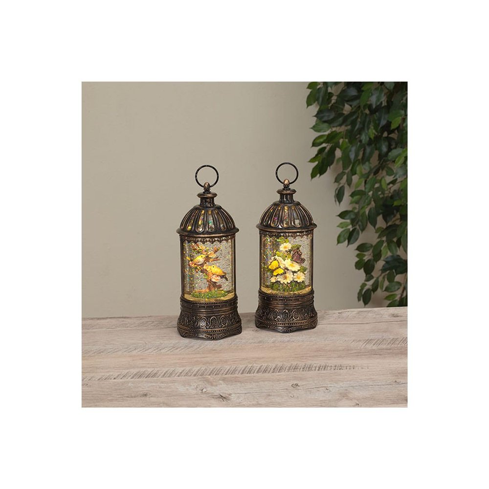 10.6 inch Lighted Spinning Water Lantern with Yellow Birds or Butterflies in a Birdcage Shaped Lantern (Yellow Birds)