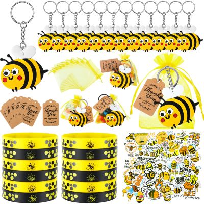 Sureio 98 Pcs Bee Party Favors Include Keychains Rubber Bracelets Thank You Tags Stickers Organza Bags for Kids Birthday Party Gifts Baby Shower Souvenirs World Bee Day Supplies