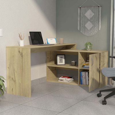 FM FURNITURE Dallas L-Shaped Home Office Desk, with Two Shelves and One Drawer - Light Oak Color. for Office