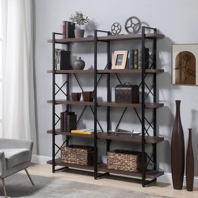 Anwick Home Office 5 Tier Bookshelf, X Design Etageres Storage Shelf, Industrial Bookcase for Office with Metal Frame