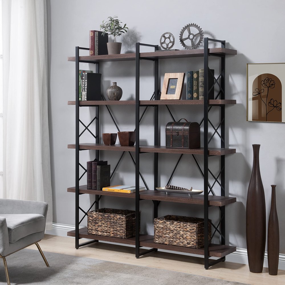Anwick Home Office 5 Tier Bookshelf, X Design Etageres Storage Shelf, Industrial Bookcase for Office with Metal Frame
