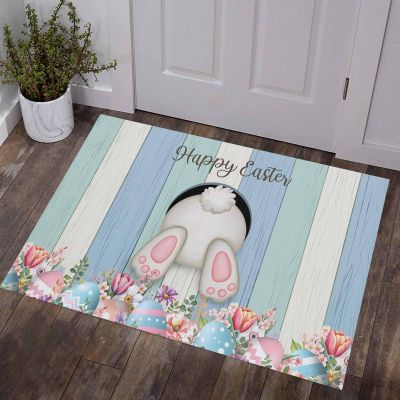 Doormat Bathroom Kitchen Mat Rug,Pink Easter Bunny Non Slip Absorbent Indoor Entrance Bath Front Floor Door Mats,Cute Bunny Butt Colored Easter Eggs Blue Wood Grain Accent Throw Runner Rug Mats,18x30