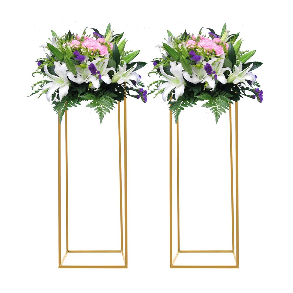 2Pcs Metal Flower Floor Vase Column Flower Stand Geometric Centerpieces Vase for Home Party Wedding Table Decoration Supply Gold (2PCS 11x11x31.5 inch)
