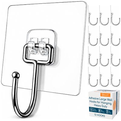 GLUIT Adhesive Large Wall Hooks for Hanging Heavy Duty 22 lbs Hooks for Walls No Drill, Towel Sticky Clear Hooks, Waterproof, Home, Bathroom, Kitchen, Office, and Outdoor 12 Pack