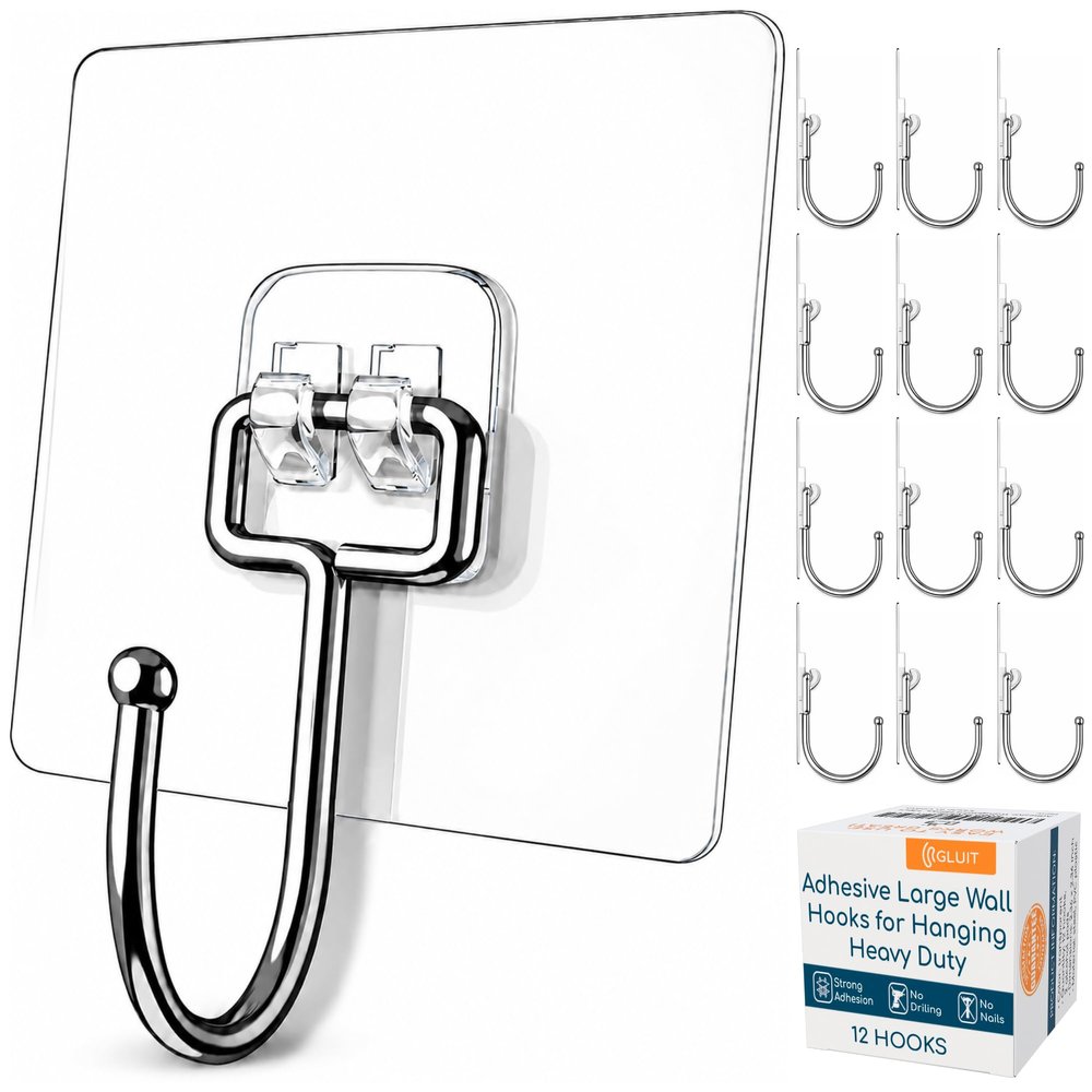 GLUIT Adhesive Large Wall Hooks for Hanging Heavy Duty 22 lbs Hooks for Walls No Drill, Towel Sticky Clear Hooks, Waterproof, Home, Bathroom, Kitchen, Office, and Outdoor 12 Pack