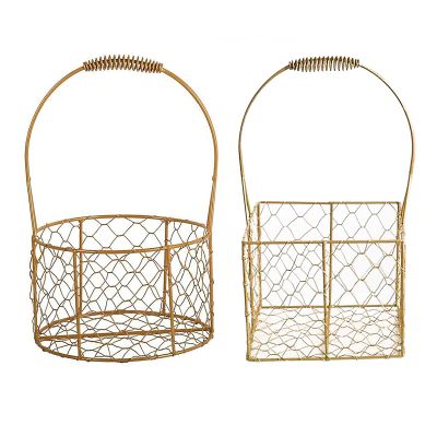 Firlar 2 Pack Metal Wedding Basket With Handle, Portable Flower Basket, Rustic Flower Girl Basket,gold Decorated Basket, Geometric Flower Girl Basket Organizer Bin For Wedding Home Decoration, Gold