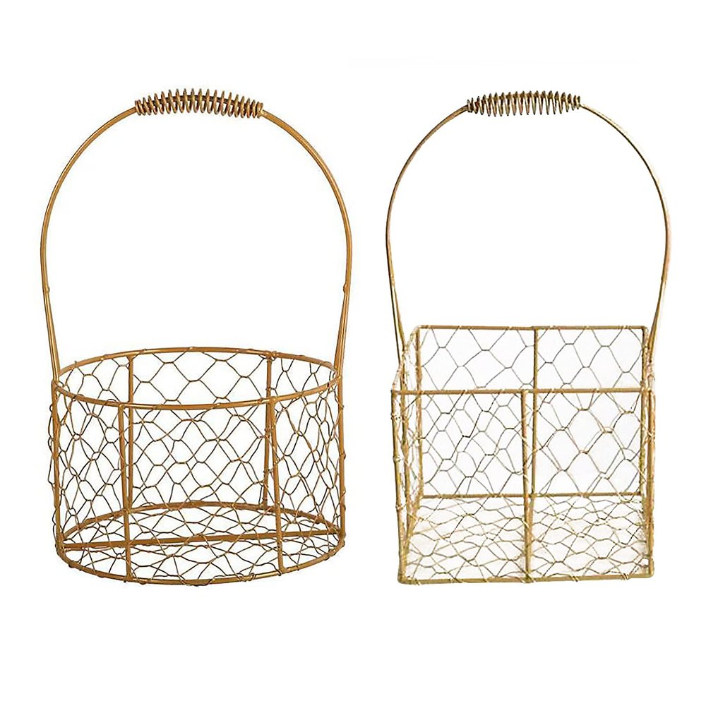 Firlar 2 Pack Metal Wedding Basket With Handle, Portable Flower Basket, Rustic Flower Girl Basket,gold Decorated Basket, Geometric Flower Girl Basket Organizer Bin For Wedding Home Decoration, Gold
