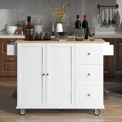 GLCHQ Kitchen Island Cart with Locking Wheels Mobile Drop Leaf Breakfast Bar with Drawers and Storage Cabinet Kitchen Trolley with Spice Rack, Towel Rack (White, 52.7W 3Drawers 2Doors)