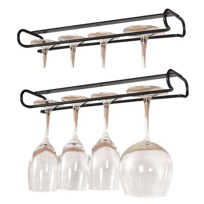 2 Pack Wine Glass Rack Under Cabinet, Hanging Wine Stemware Holder, Stainless Steel Wine Glasses Organizer Storage Hanger For Bar Kitchen Black Chrome (Color : Black, Size : 2pcs)