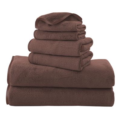 TENSTARS Luxury Silk Hemming Towel Set - Light Thin Quick Drying - 2 Bath Towels 2 Hand Towels 2 Washcloths - Ultra Soft Microfiber Towel for Bath Fitness, Sports, Yoga, Travel (Wood Brown 6 Pieces)