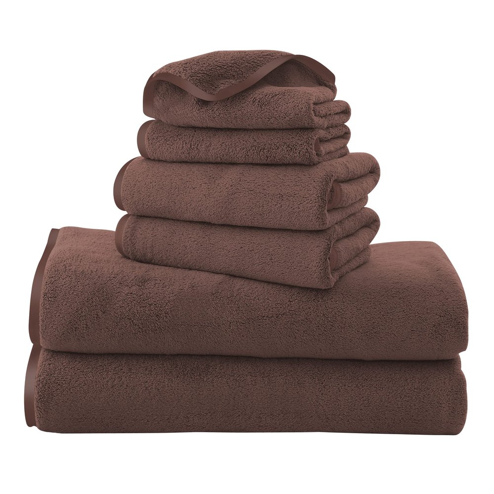 TENSTARS Luxury Silk Hemming Towel Set - Light Thin Quick Drying - 2 Bath Towels 2 Hand Towels 2 Washcloths - Ultra Soft Microfiber Towel for Bath Fitness, Sports, Yoga, Travel (Wood Brown 6 Pieces)