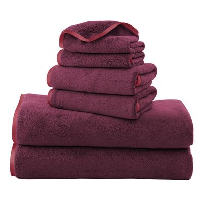 TENSTARS Microfiber Coral Velvet Luxury Silk Hemming Towel Set - Light Thin Quick Drying - 2 Bath Towels, 2 Hand Towels, 2 Washcloths - Burgundy 6 Pieces